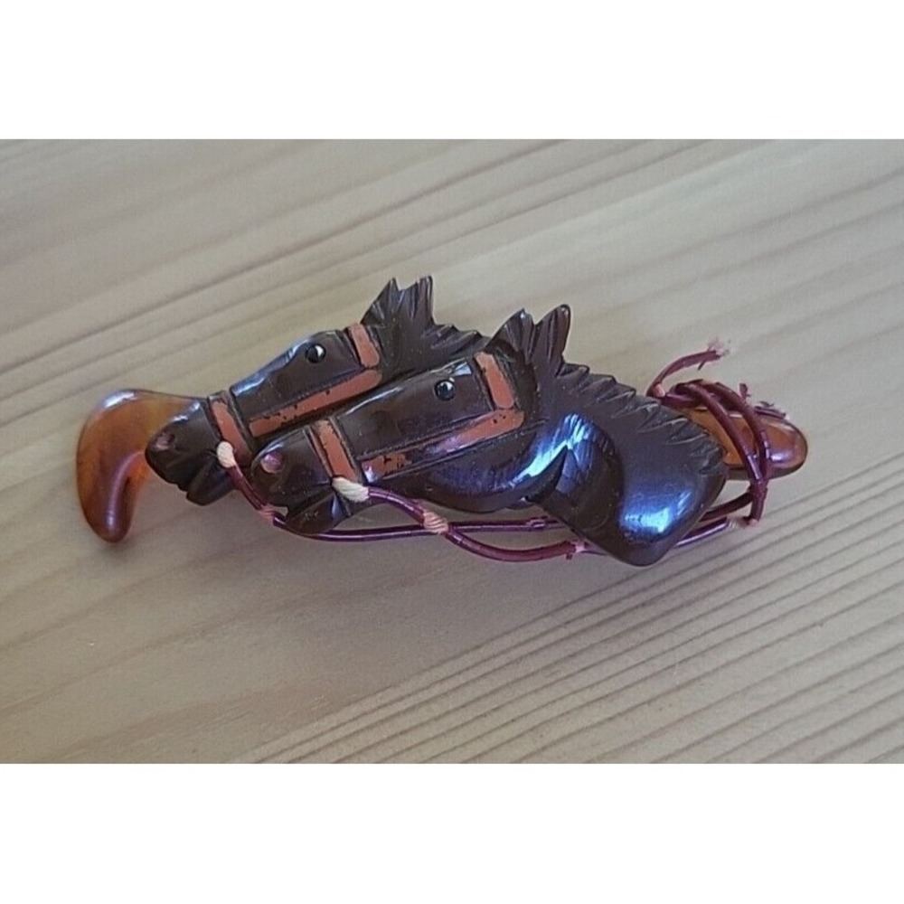 Vintage BAKELITE Horse Heads Racing Equestrian Pin Brooch Rare Brown 3.5"